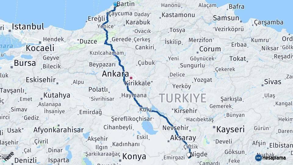 Bartın Niğde Arası Kaç Km - Yol Haritası