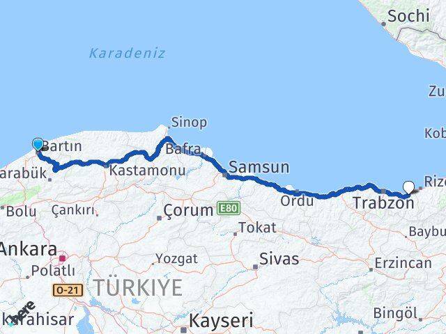 Bartın Of Trabzon Arası Kaç Km - Yol Haritası