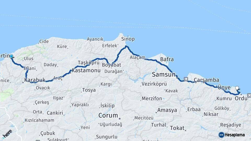 Bartın Perşembe Ordu Arası Kaç Km - Yol Haritası