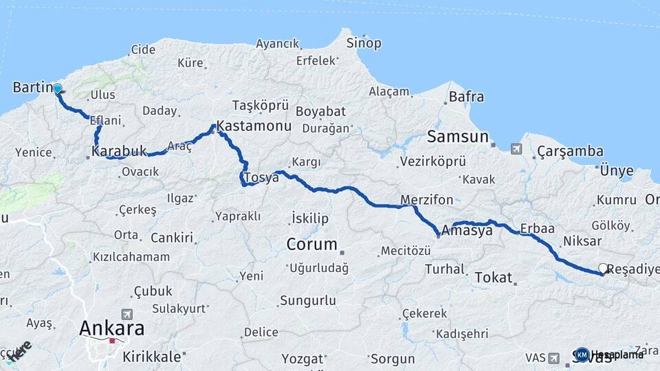 Bartın Reşadiye Tokat Arası Kaç Km - Yol Haritası