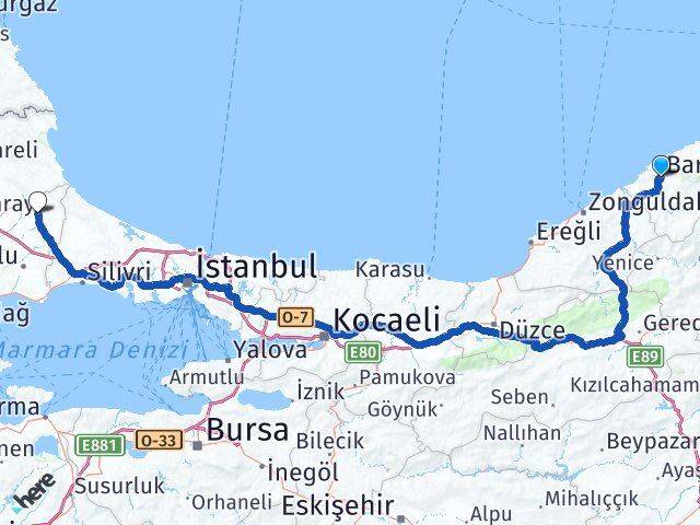 Bartın Saray Tekirdağ Arası Kaç Km - Yol Haritası