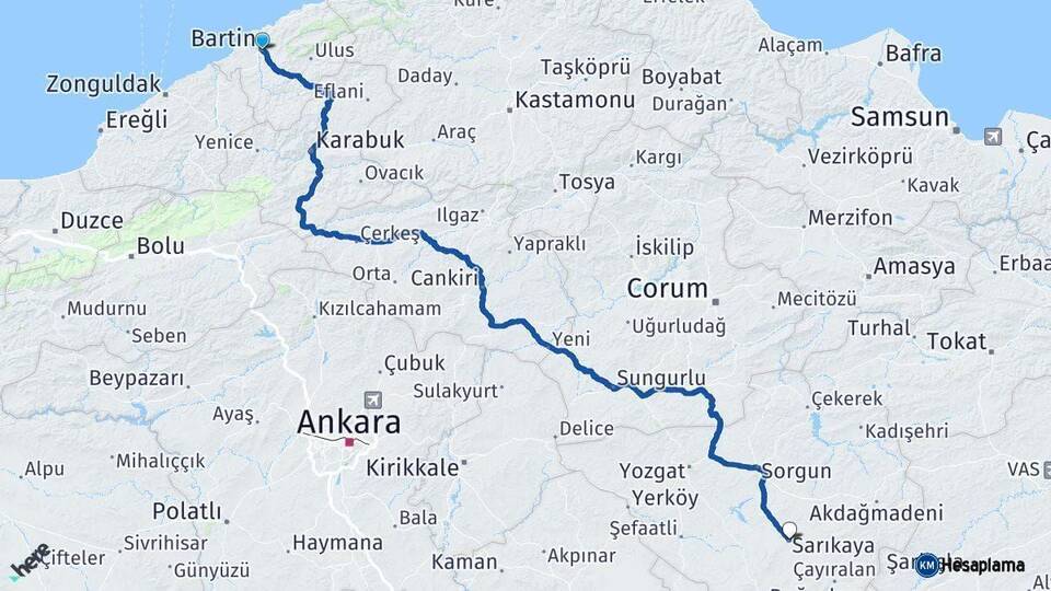 Bartın Sarıkaya Yozgat Arası Kaç Km - Yol Haritası