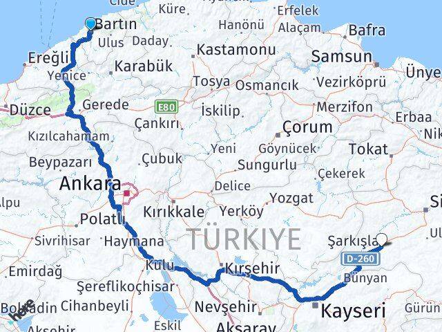 Bartın Şarkışla Sivas Arası Kaç Km - Yol Haritası