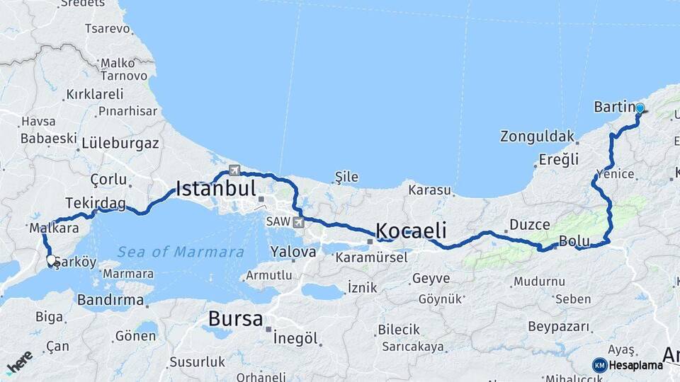 Bartın Şarköy Tekirdağ Arası Kaç Km - Yol Haritası