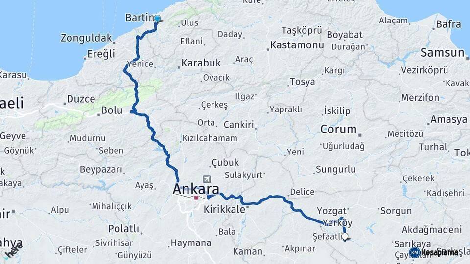Bartın Şefaatli Yozgat Arası Kaç Km - Yol Haritası