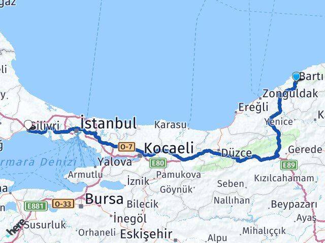 Bartın Silivri İstanbul Arası Kaç Km - Yol Haritası