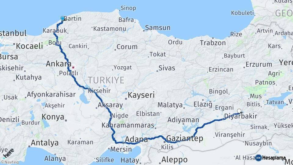 Bartın Silvan Diyarbakır Arası Kaç Km - Yol Haritası