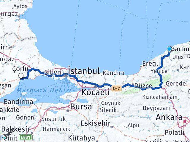 Bartın Süleymanpaşa Tekirdağ Arası Kaç Km - Yol Haritası
