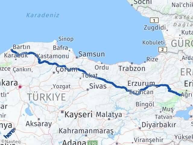 Bartın Tutak Ağrı Arası Kaç Km - Yol Haritası