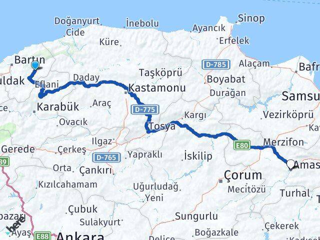 Bartın Ulus Amasya Arası Kaç Km - Yol Haritası