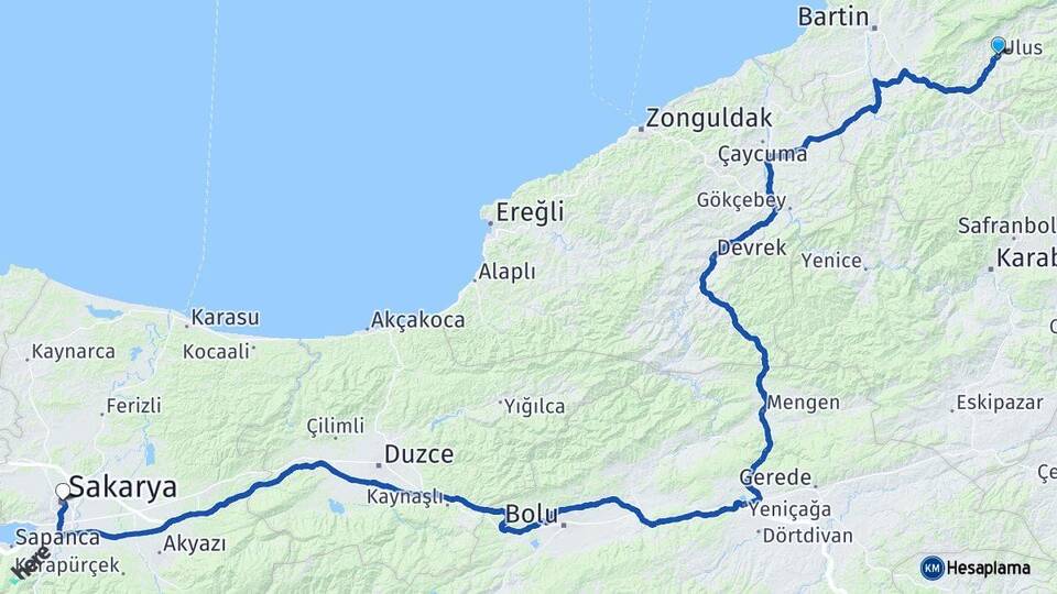 Bartın Ulus Sakarya Arası Kaç Km - Yol Haritası