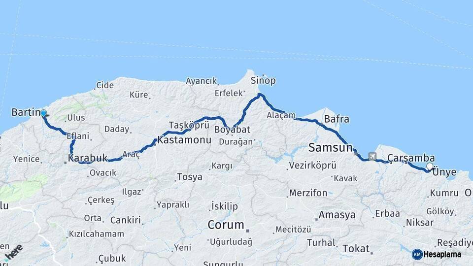 Bartın Ünye Ordu Arası Kaç Km - Yol Haritası