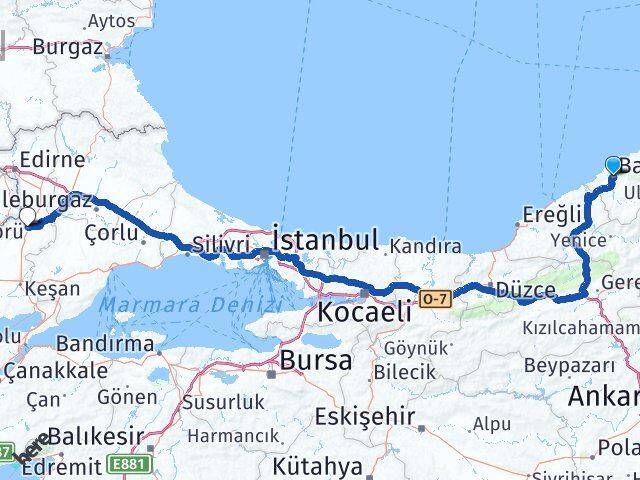 Bartın Uzunköprü Edirne Arası Kaç Km - Yol Haritası