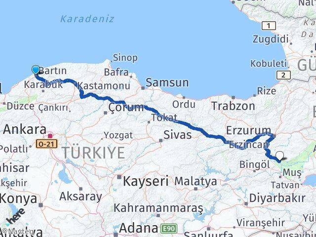 Bartın Varto Muş Arası Kaç Km - Yol Haritası