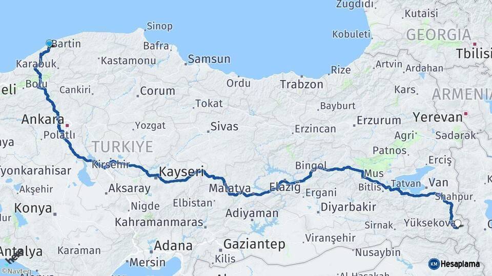 Bartın Yüksekova Hakkari Arası Kaç Km - Yol Haritası