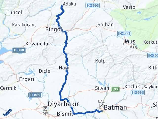 Batman Adaklı Bingöl Arası Kaç Km - Yol Haritası