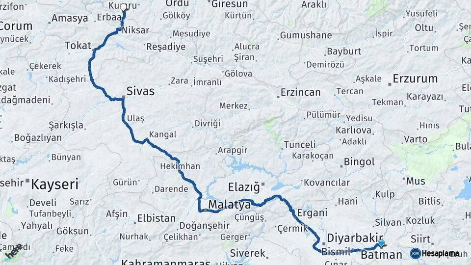 Batman Akkuş Ordu Arası Kaç Km - Yol Haritası