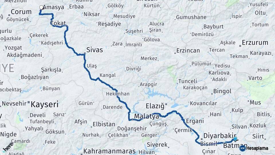 Batman Amasya Arası Kaç Km - Yol Haritası