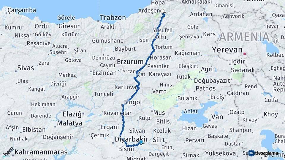 Batman Artvin Arası Kaç Km - Yol Haritası