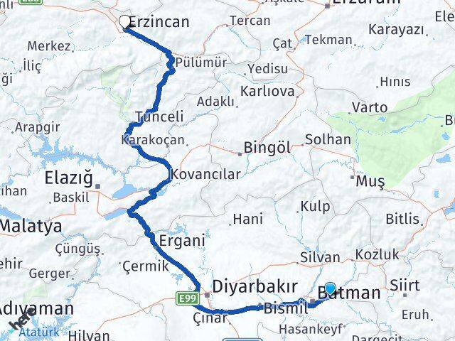 Batman Beşiri Erzincan Arası Kaç Km - Yol Haritası