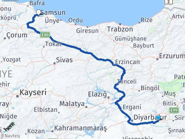 Batman Beşiri Samsun Arası Kaç Km - Yol Haritası