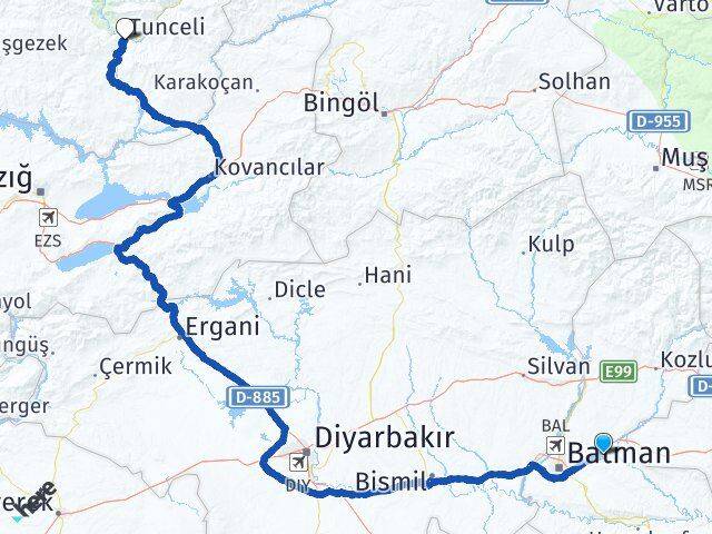 Batman Beşiri Tunceli Arası Kaç Km - Yol Haritası