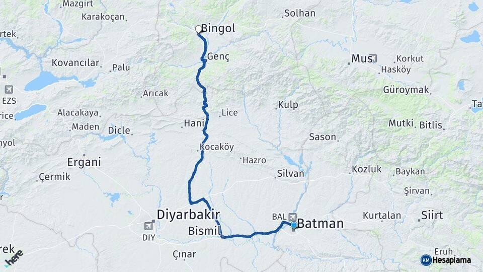 Batman Bingöl Arası Kaç Km - Yol Haritası