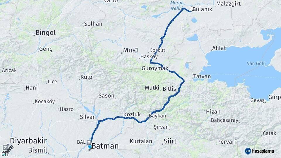 Batman Bulanık Muş Arası Kaç Km - Yol Haritası