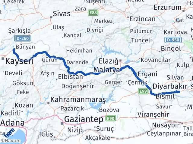 Batman Bünyan Kayseri Arası Kaç Km - Yol Haritası