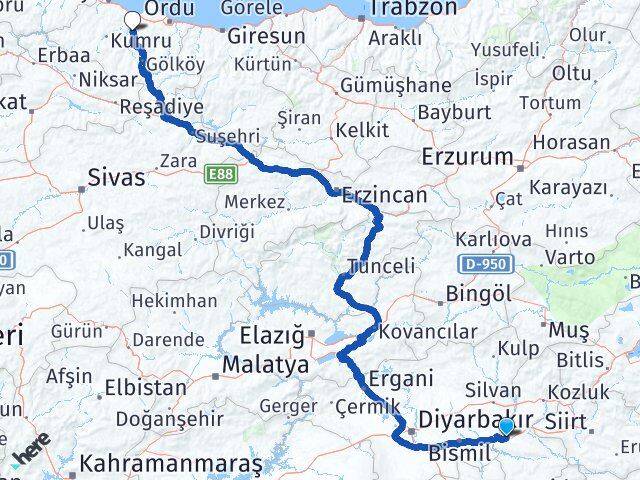 Batman Çamaş Ordu Arası Kaç Km - Yol Haritası