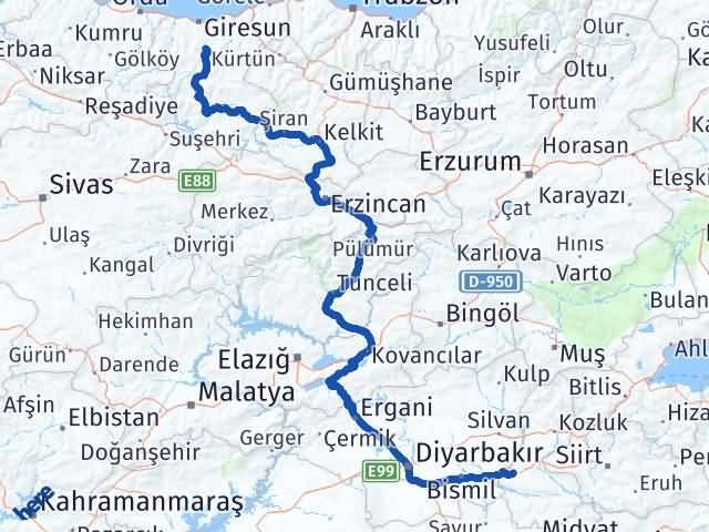Batman Dereli Giresun Arası Kaç Km - Yol Haritası
