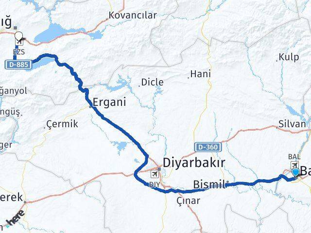 Batman Elazığ Havalimanı Arası Kaç Km - Yol Haritası