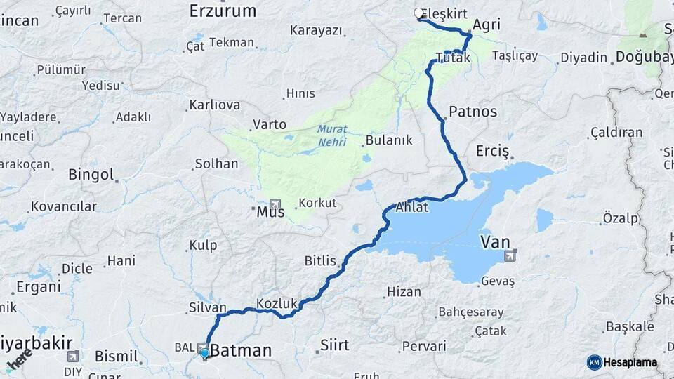 Batman Eleşkirt Ağrı Arası Kaç Km - Yol Haritası