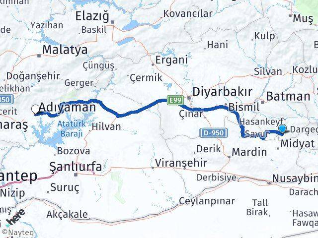 Batman Gercüş Adıyaman Arası Kaç Km - Yol Haritası