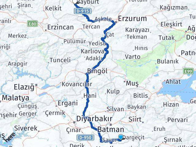 Batman Gercüş Bayburt Arası Kaç Km - Yol Haritası