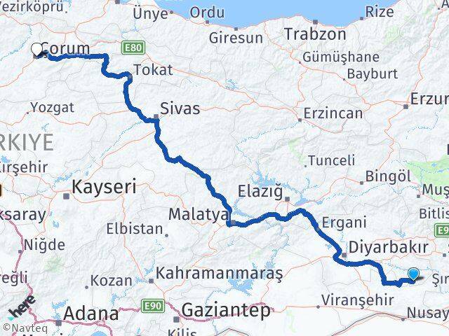 Batman Gercüş Çorum Arası Kaç Km - Yol Haritası