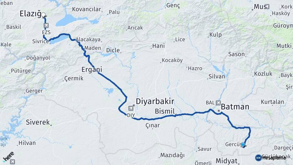 Batman Gercüş Elazığ Arası Kaç Km - Yol Haritası