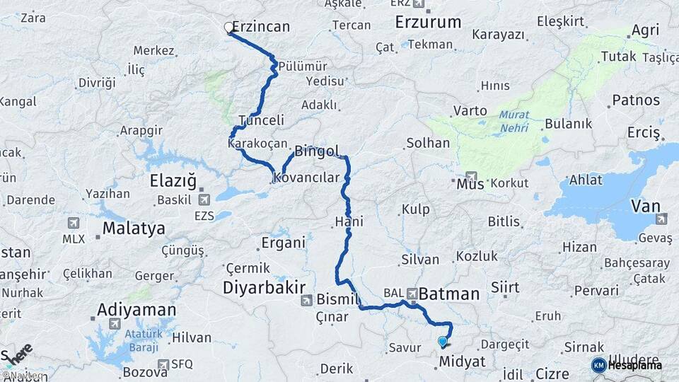 Batman Gercüş Erzincan Arası Kaç Km - Yol Haritası