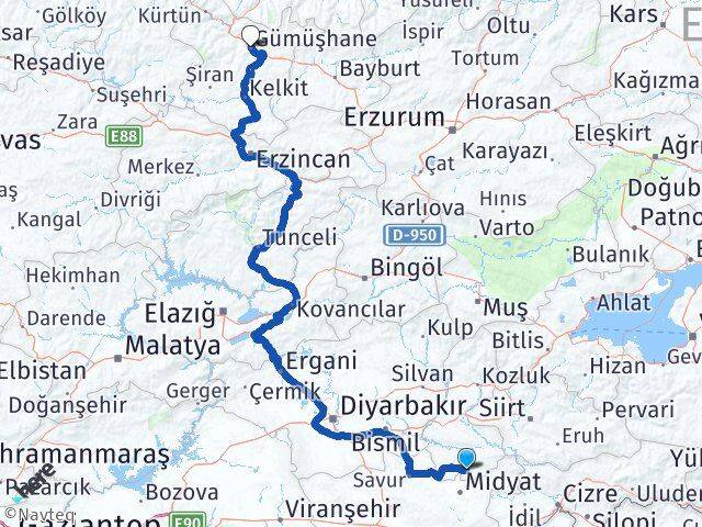 Batman Gercüş Gümüşhane Arası Kaç Km - Yol Haritası