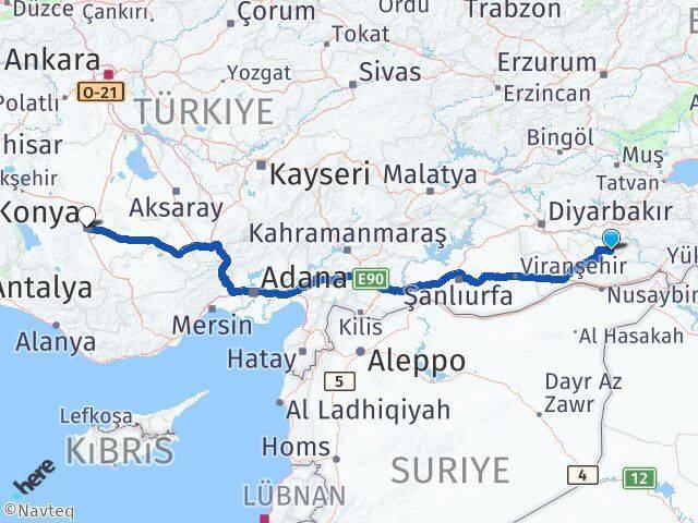 Batman Gercüş Konya Arası Kaç Km - Yol Haritası