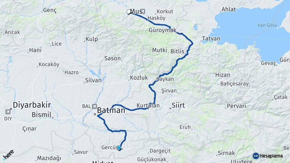 Batman Gercüş Muş Arası Kaç Km - Yol Haritası