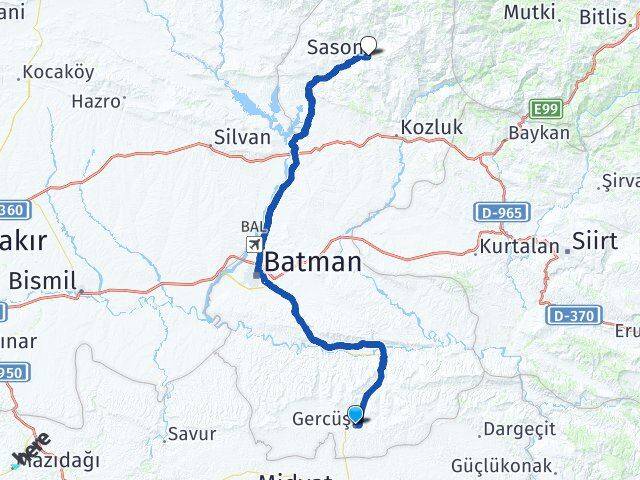 Batman Gercüş Sason Arası Kaç Km - Yol Haritası