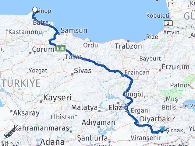 Batman Gercüş Sinop Arası Kaç Km - Yol Haritası