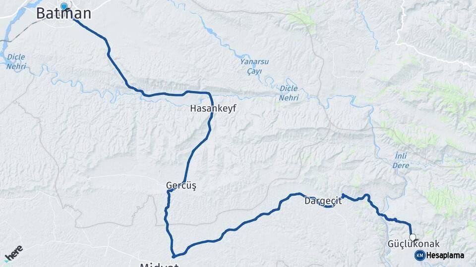 Batman Güçlükonak Şırnak Arası Kaç Km - Yol Haritası