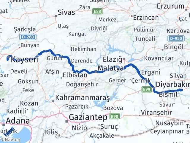 Batman Hacılar Kayseri Arası Kaç Km - Yol Haritası