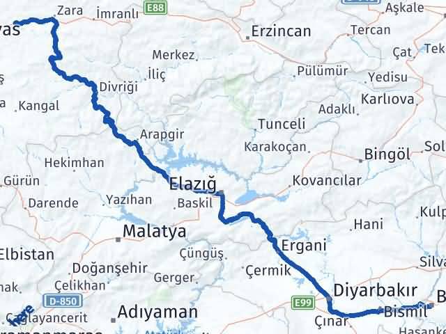 Batman Hafik Sivas Arası Kaç Km - Yol Haritası