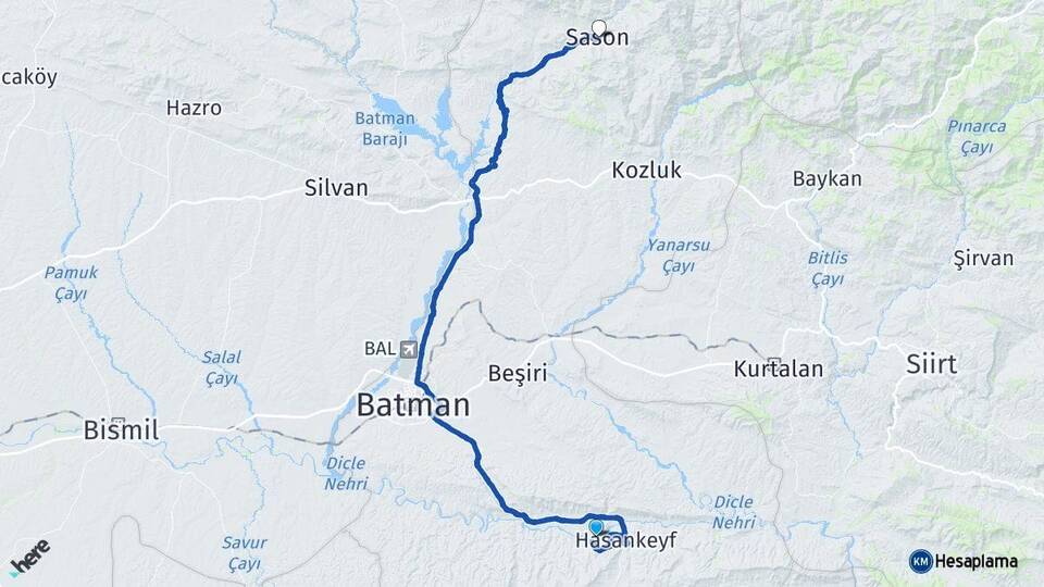Batman Hasankeyf Sason Arası Kaç Km - Yol Haritası