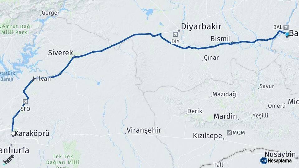 Batman Karaköprü Şanlıurfa Arası Kaç Km - Yol Haritası