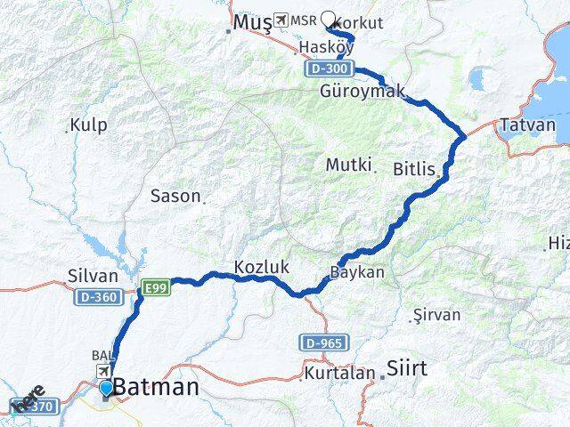 Batman Korkut Muş Arası Kaç Km - Yol Haritası