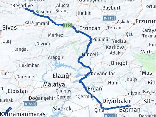 Batman Koyulhisar Sivas Arası Kaç Km - Yol Haritası